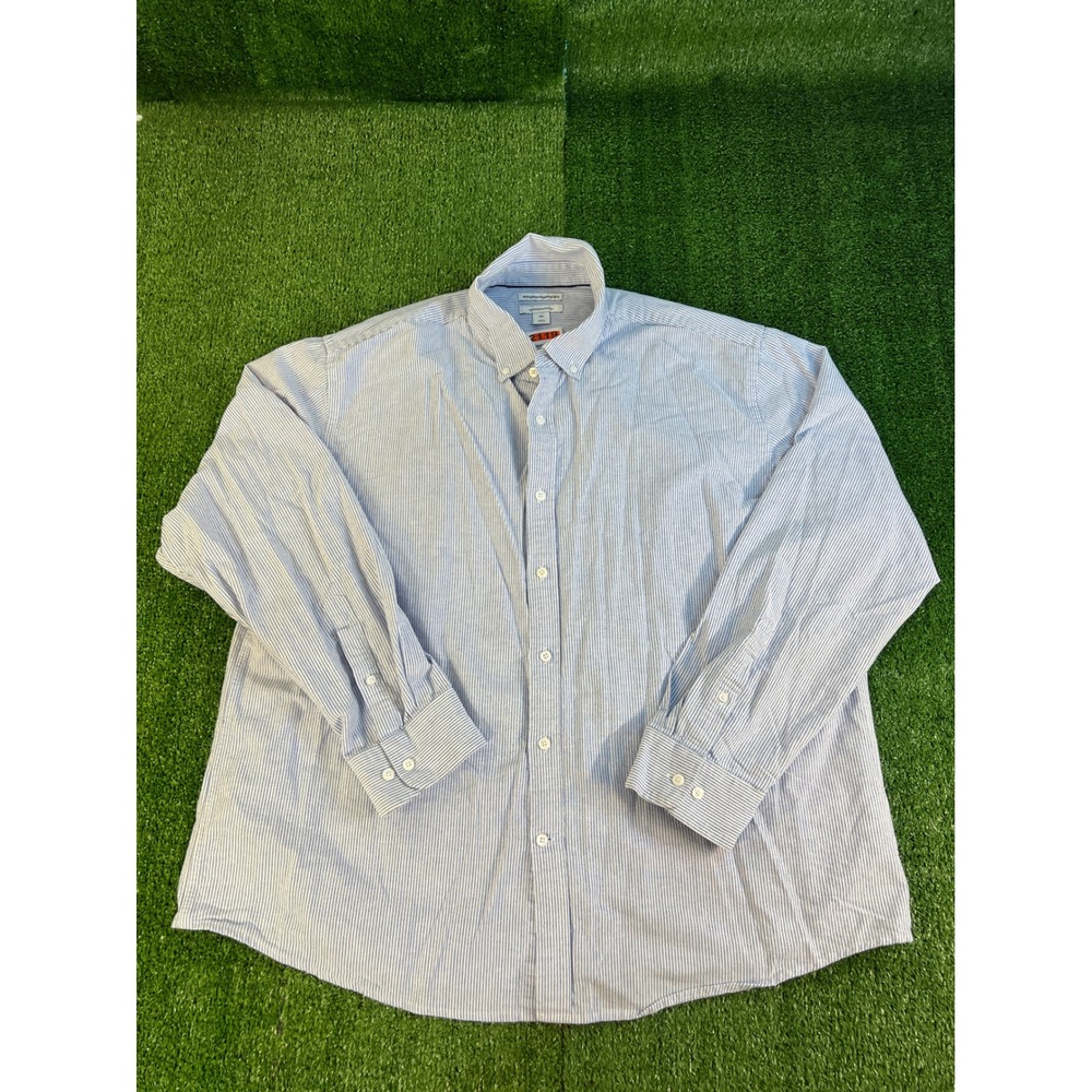 Amazon Essentials Mens XXL Blue White Striped Regular Fit Button Down Shirt Long